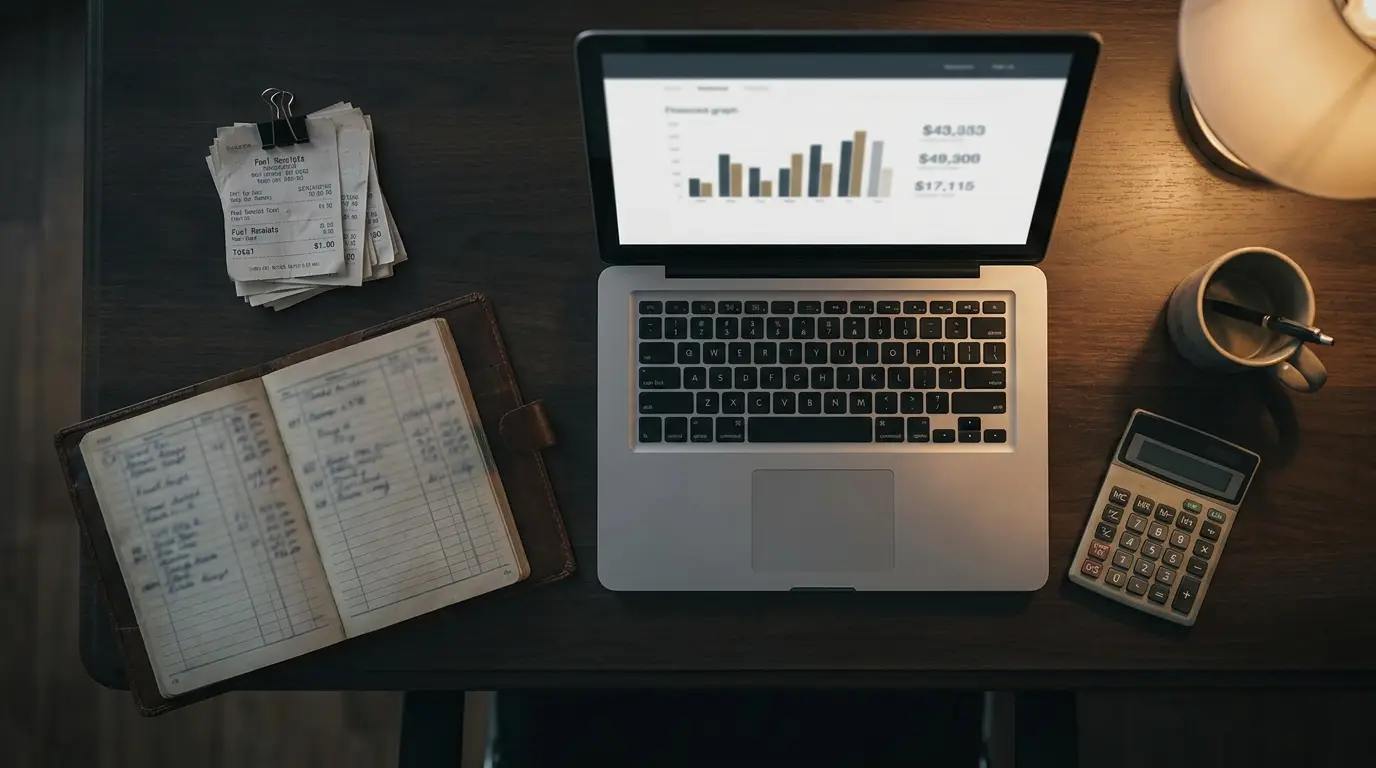 Receipts and a monthly report being prepared on a desk